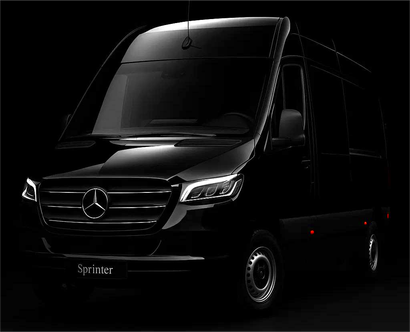 Black Mercedes Sprinter van on a dark background.