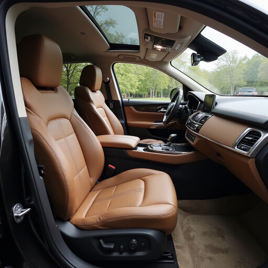 Interior of a luxury SUV, brown leather seats, sun roof open.