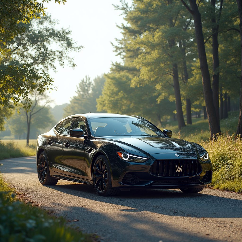 Black Maserati Ghibli on a winding road, framed by green trees and dappled sunlight.