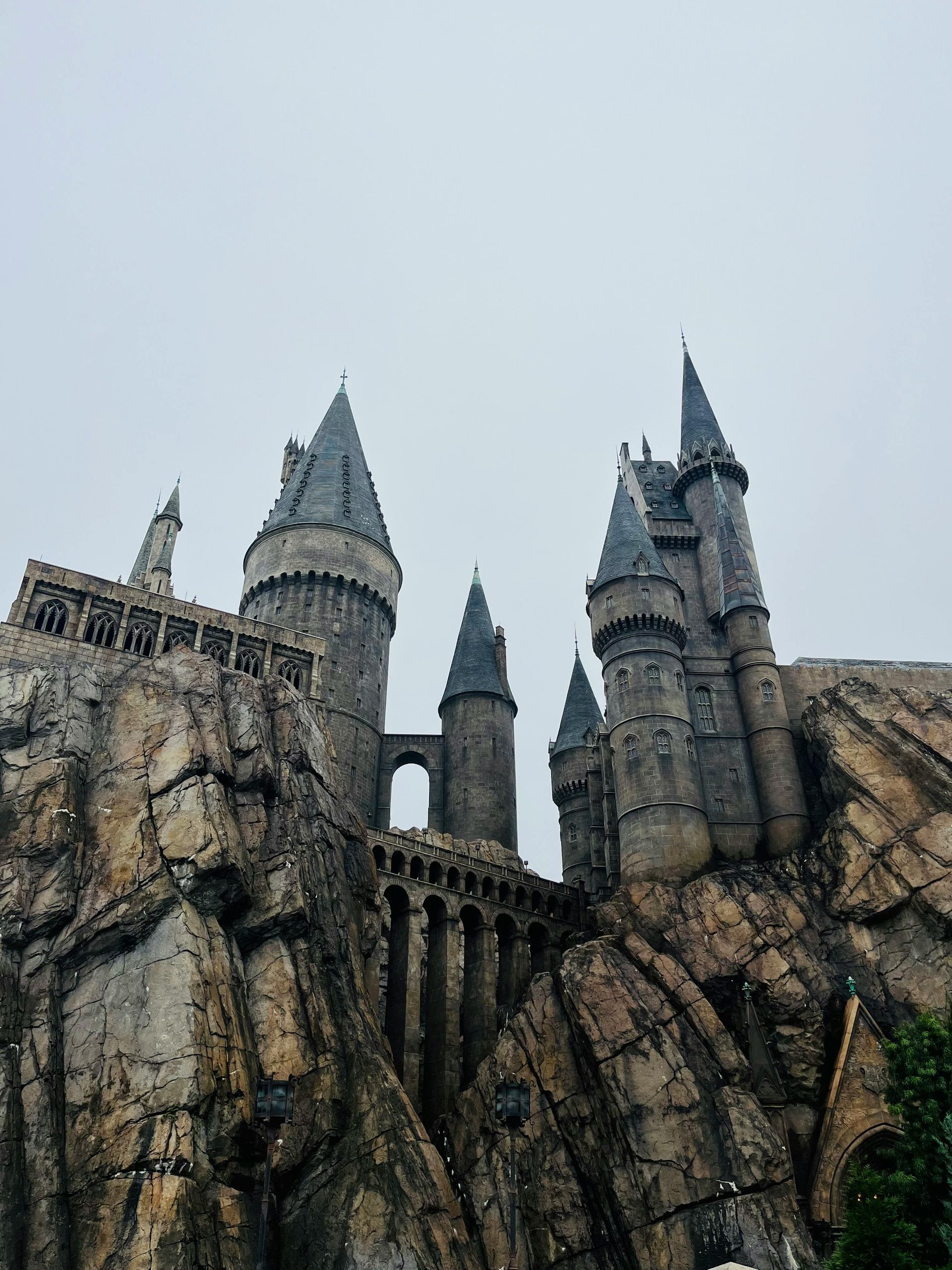 Hogwarts castle atop rocky cliffs under a gray sky. Gray stone towers and turrets dominate the view.