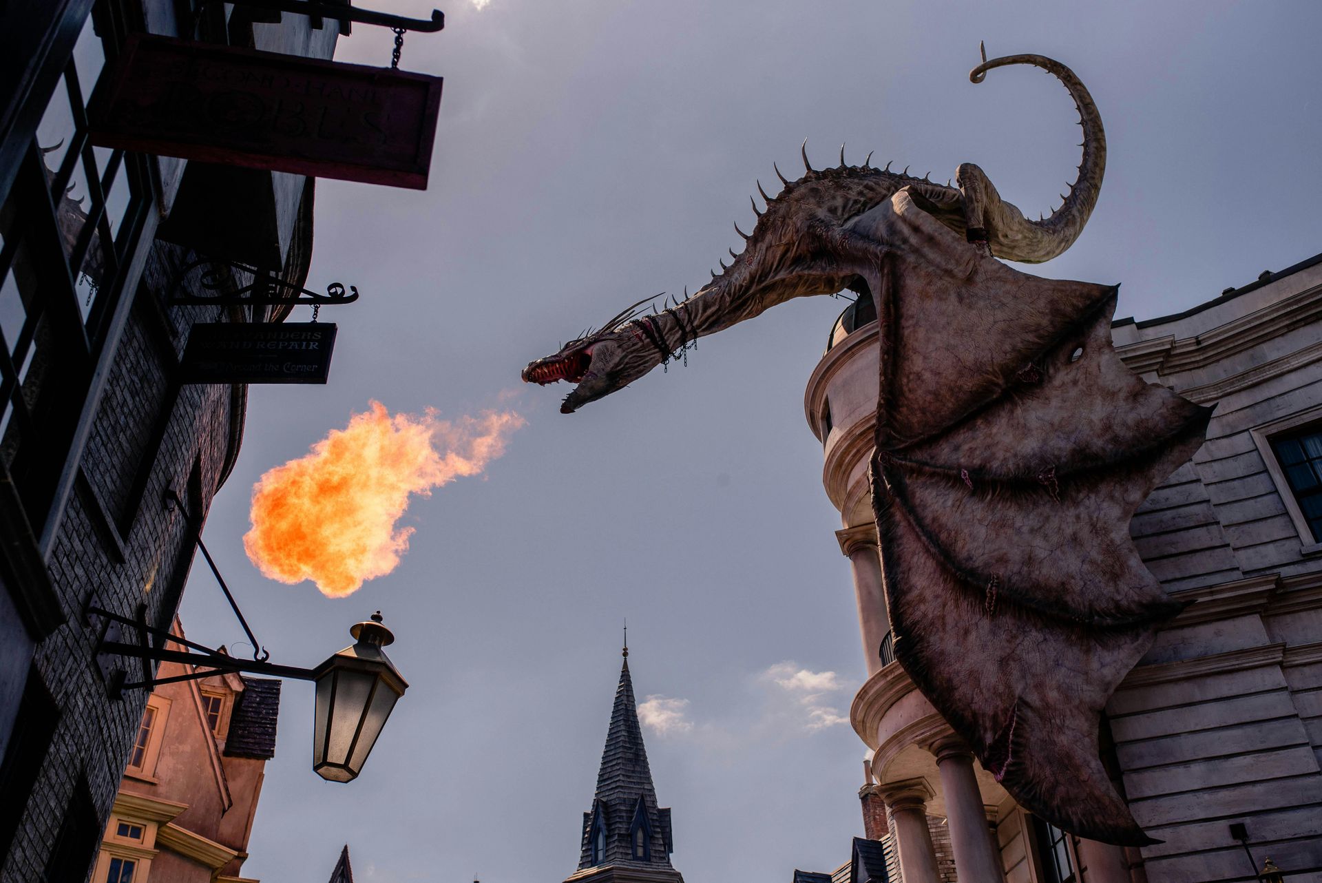 Dragon breathing fire over Diagon Alley, Universal Studios.