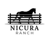 Black horse standing behind a fence above the text “NICURA RANCH”