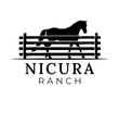 Black horse standing behind a fence above the text “NICURA RANCH”