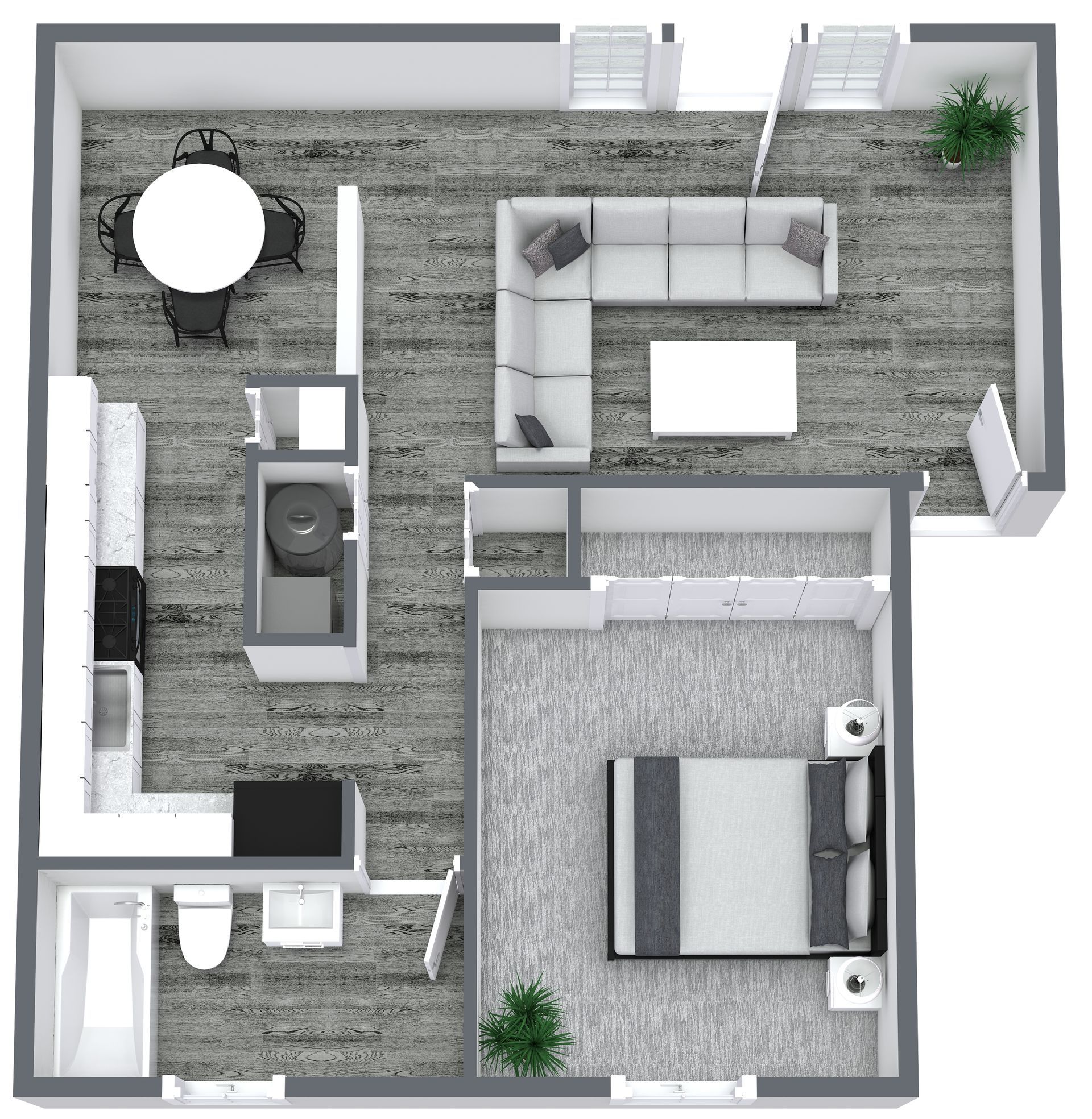 Floor plan of a two-bedroom apartment with furniture and a balcony.