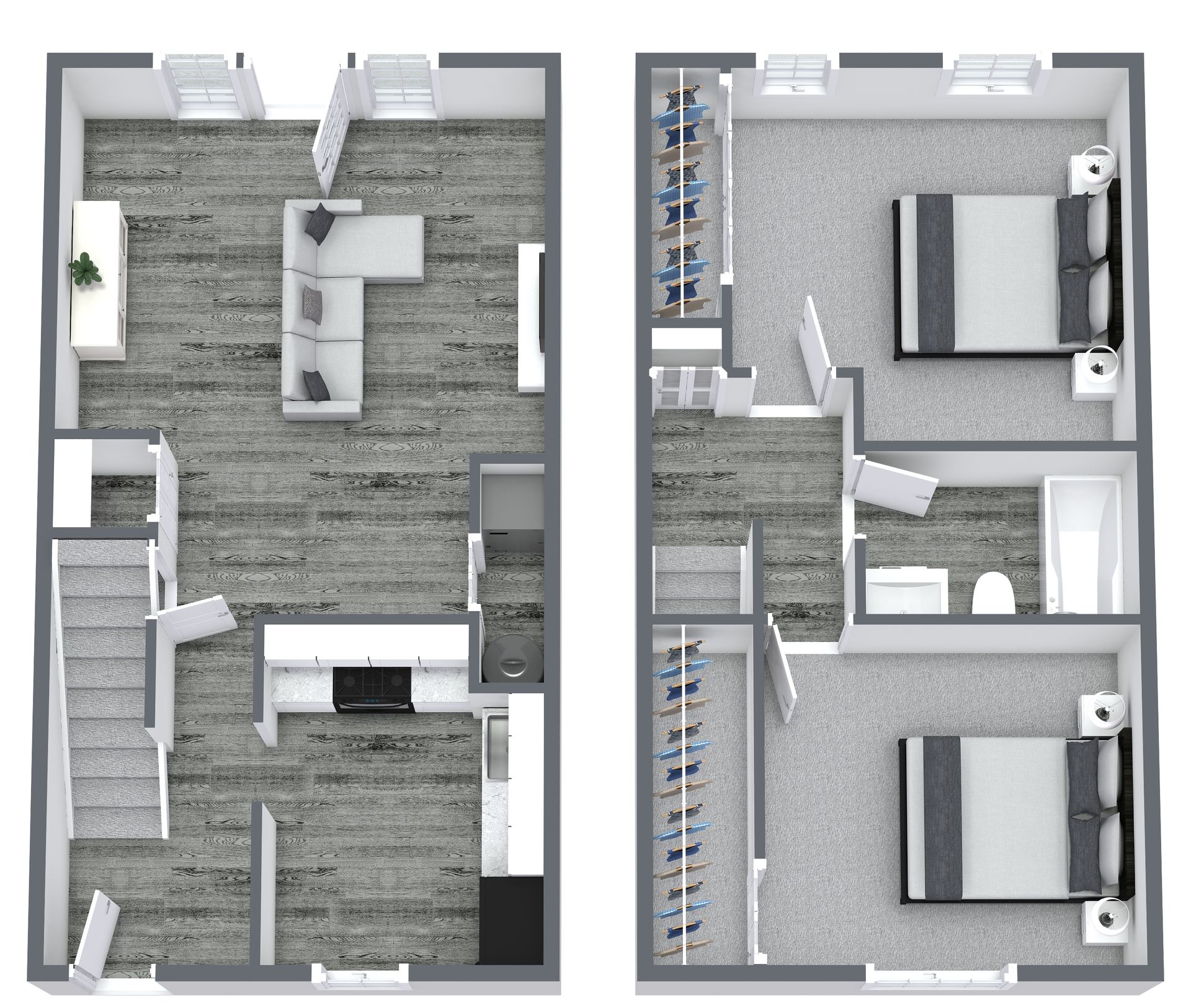 Two-story apartment floor plan: living room, kitchen, and stairs on first floor; two bedrooms and bathrooms on the second.