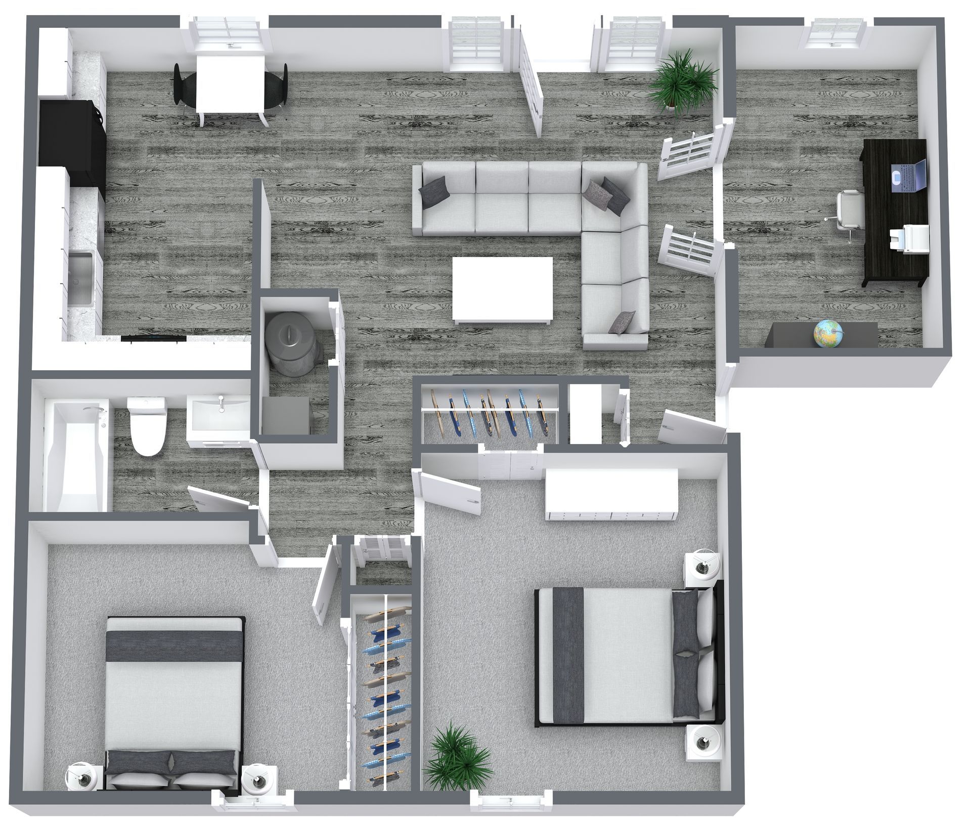 Floor plan of an apartment with two bedrooms, a living room, a kitchen, and a balcony with furniture.
