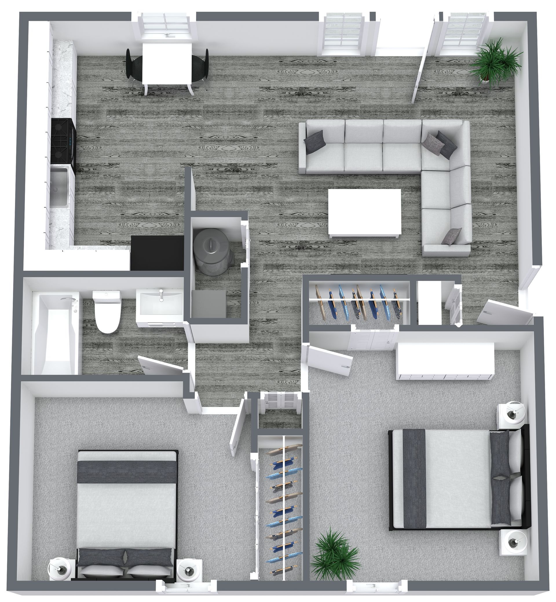 Floor plan of a modern apartment with two bedrooms, a kitchen, and a living area, in gray tones.