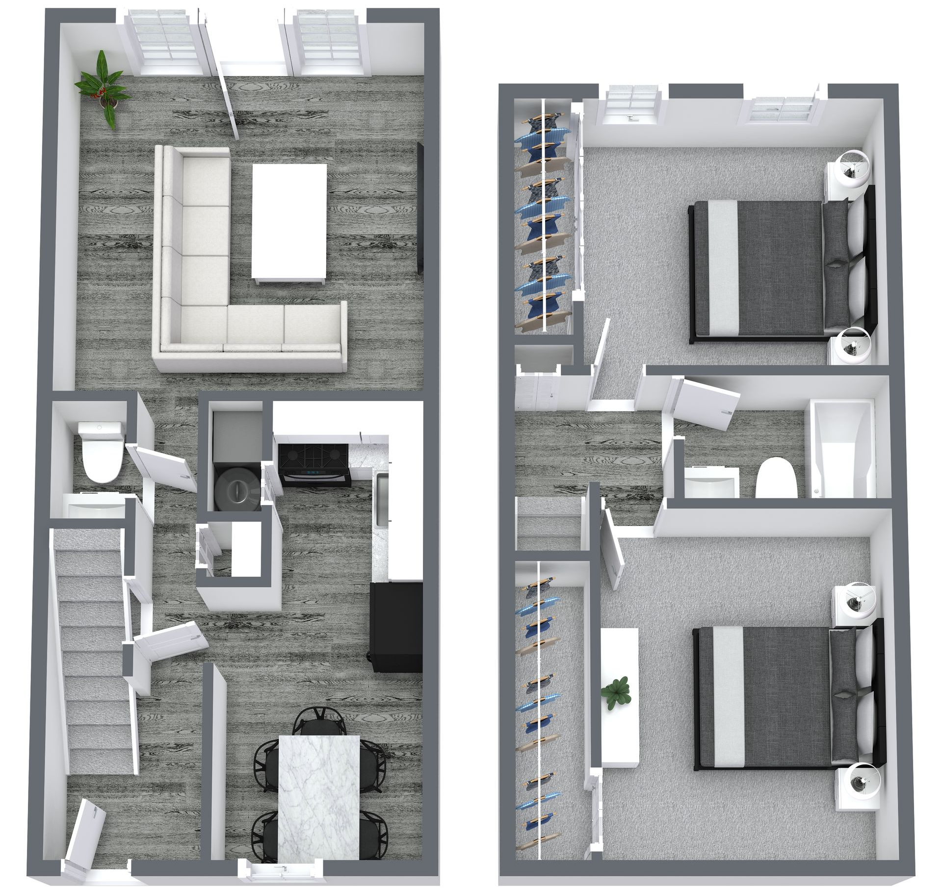 Two-story apartment floor plan: living room, kitchen, dining area on the lower level; two bedrooms and bathrooms on the upper level.