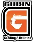 Logo for Gwyn Grading & Utilities, featuring a white excavator bucket in an orange 