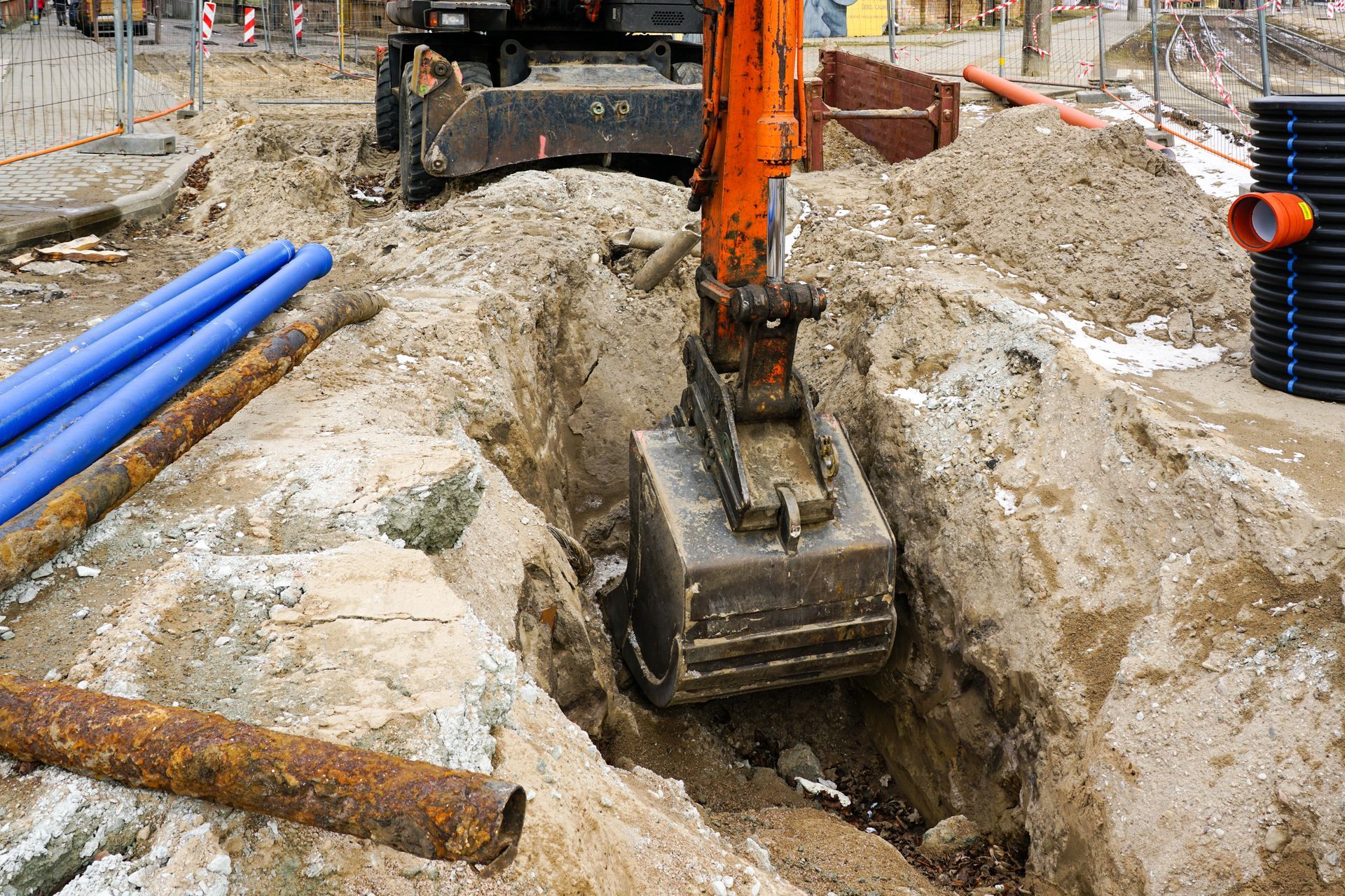 An orange excavator digging a trench in a construction site. Blue and rusty pipes are nearby.