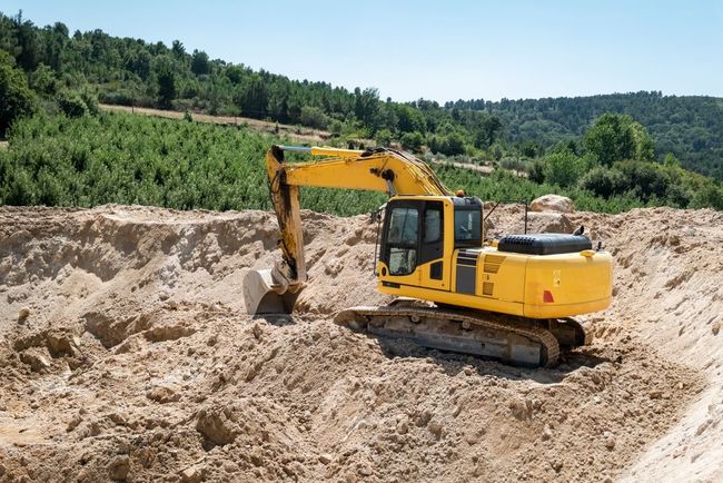 Yellow excavator digging in a sandy area, with a forest in the background.