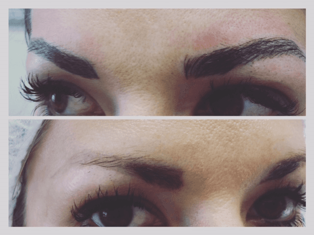 Before and after close up of microbladed eyebrows