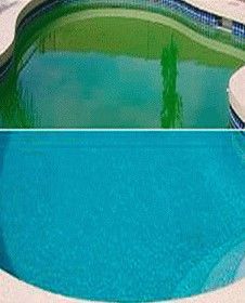 Una fotografía de antes y después de una piscina verde y azul.
