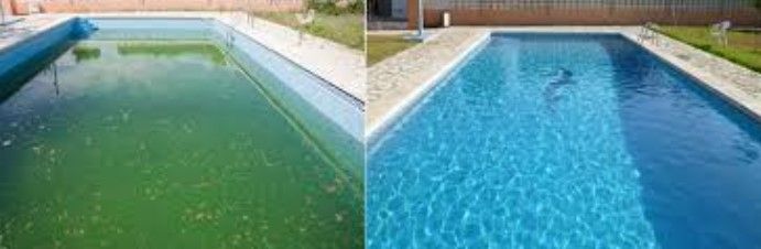 Una fotografía de antes y después de una piscina que es verde y azul.