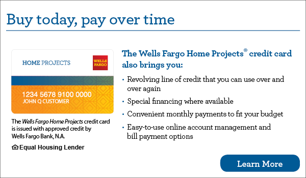 Wells Fargo Home Projects credit card ad with blue Learn More button and benefits list