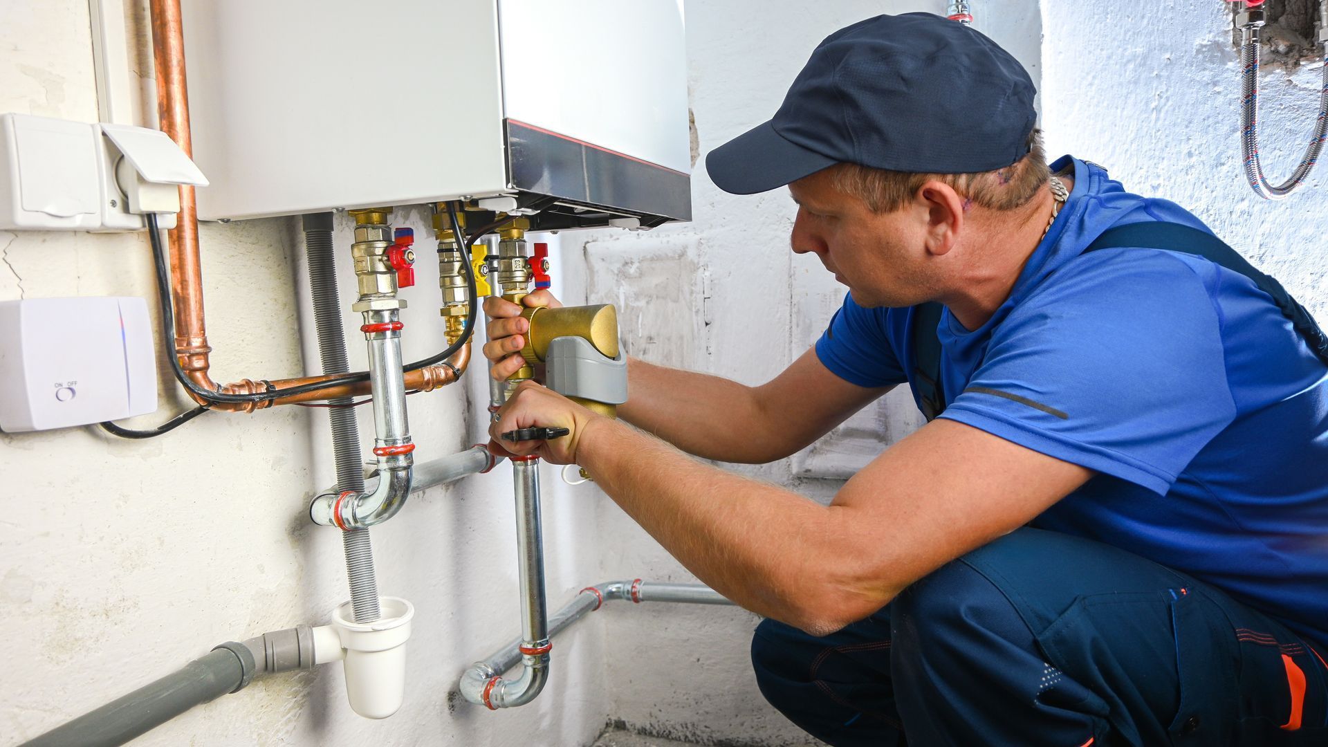 A man is working on the pipes of a heating system.