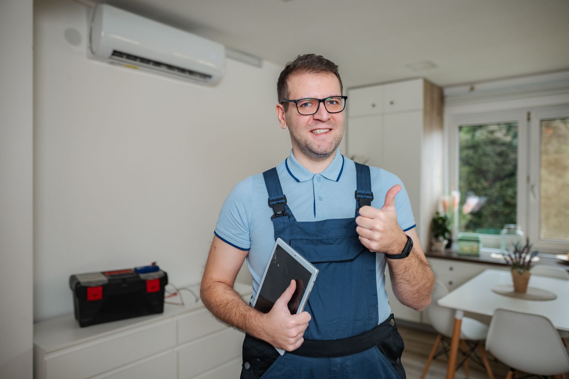 Man in blue overalls holding a tablet and giving a thumbs-up in a bright room with an air conditioner.