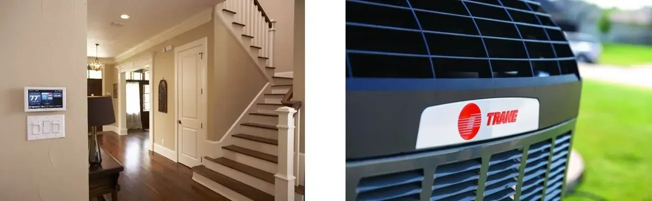 Split image of a home staircase interior and a Trane HVAC unit outdoors Split image of a home staircase interior and a Trane HVAC unit outdoors