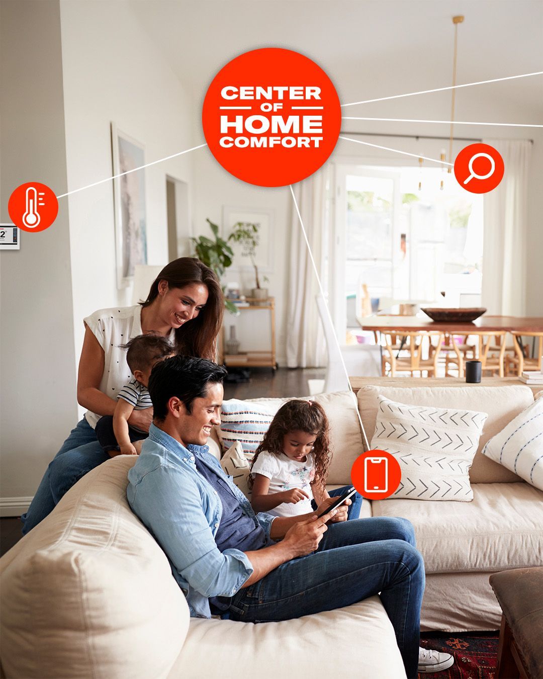 Family relaxing on a beige sofa in a bright living room, with orange home-comfort icons overlaid.