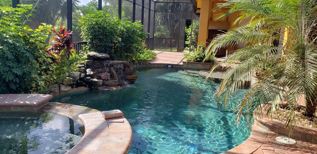 There is a large swimming pool in the backyard of a house surrounded by trees.