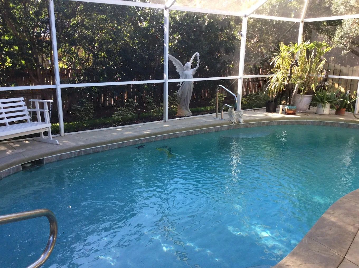A large swimming pool with a statue of an angel in the background.