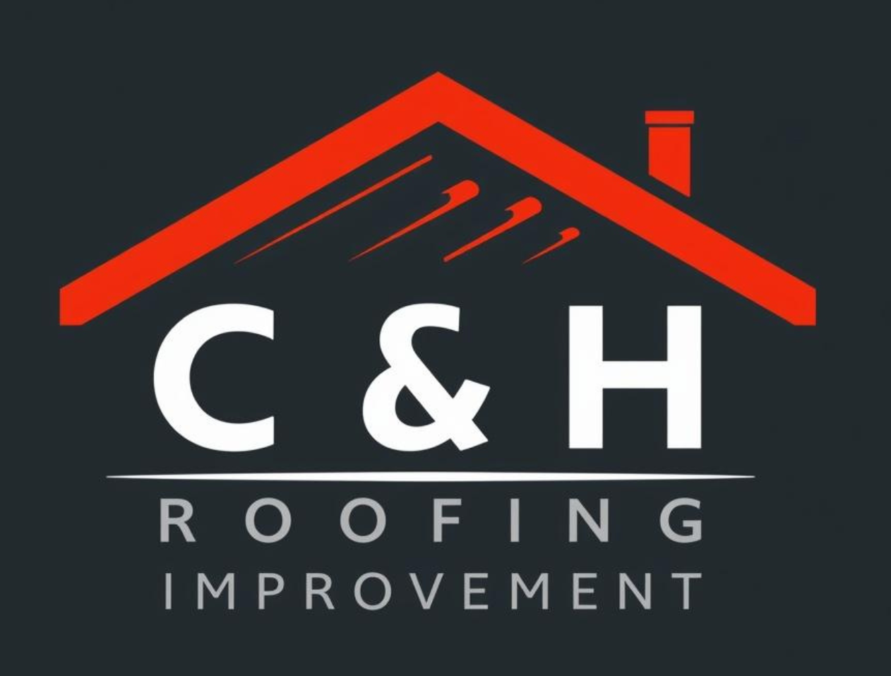 A logo for C&H Roofing Improvement featuring white text under a red roof outline against a dark gray background.