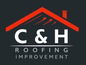 A logo for C&H Roofing Improvement featuring white text under a red roof outline against a dark gray background.