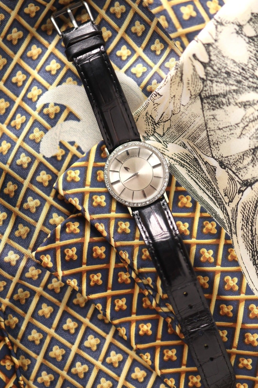 1950's Longines Mystery Dial in 14k white gold w/ factory diamond bezel