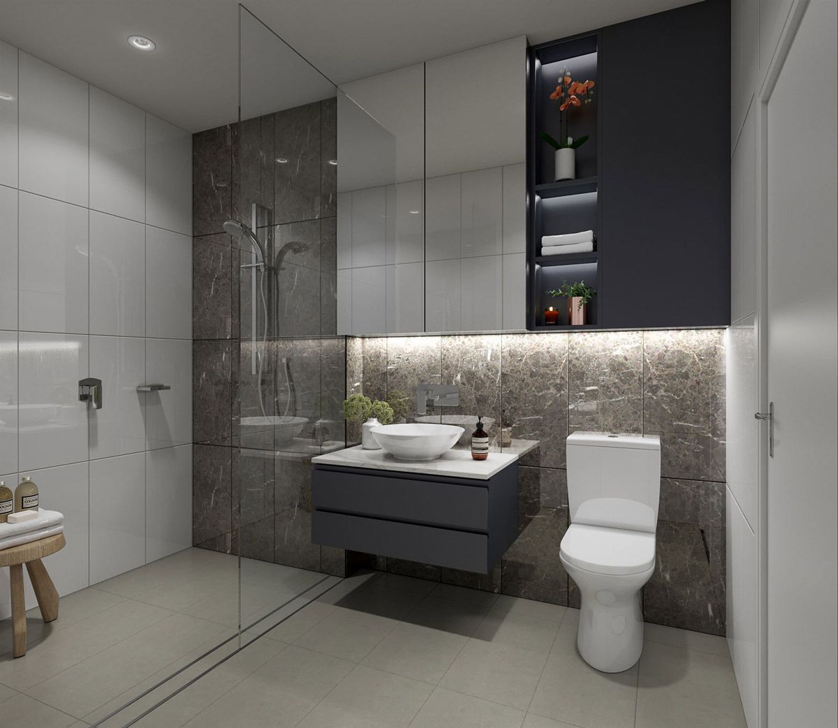 Bathroom With White Toilet And Dark Grey Cabinet — Fixtures & Fittings In Tweed Heads South, NSW