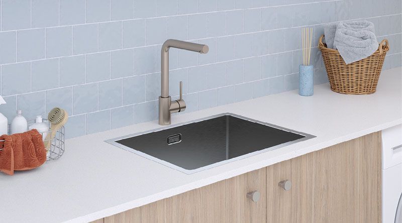 Sink With White Countertop And Wooden Cabinet — Fixtures & Fittings In Tweed Heads South, NSW