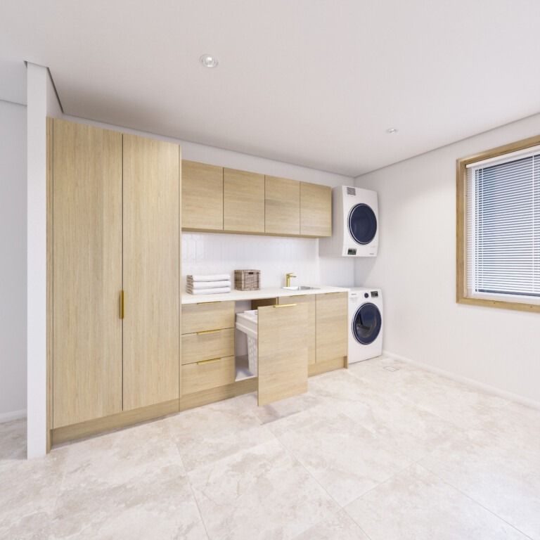 Laundry Area With Wooden Cabinets — Fixtures & Fittings In Tweed Heads South, NSW