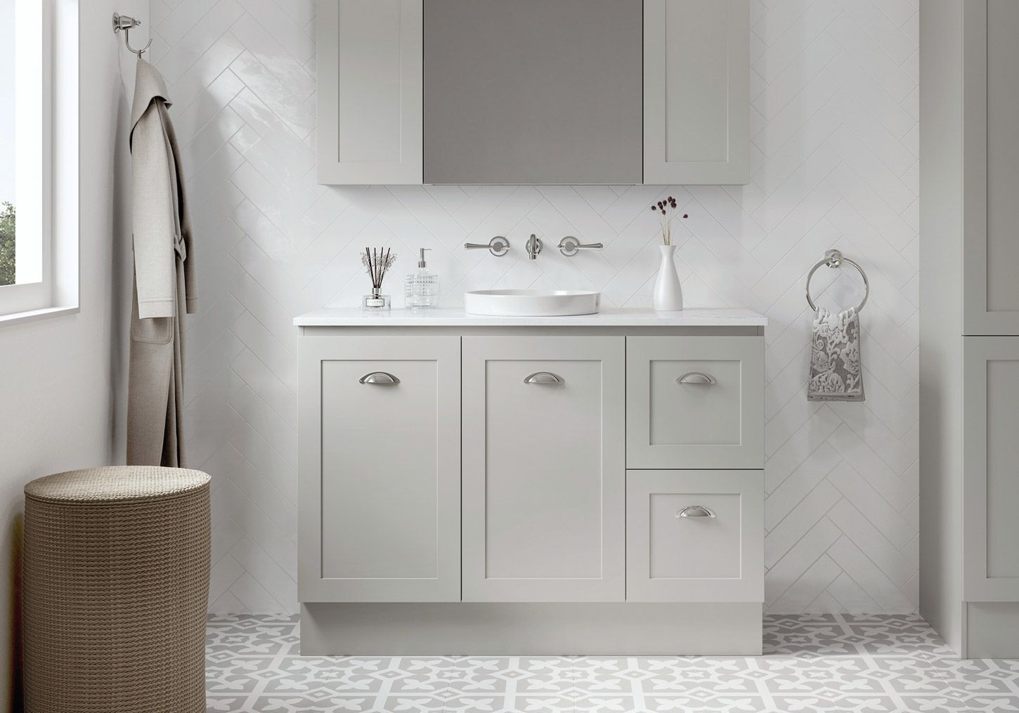 Bathroom With White Countertop And Grey Cabinets — Fixtures & Fittings In Tweed Heads South, NSW