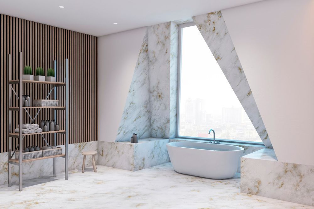 A Bathroom With Marble Walls And A Large Window — Fixtures & Fittings In Tweed Heads South, NSW