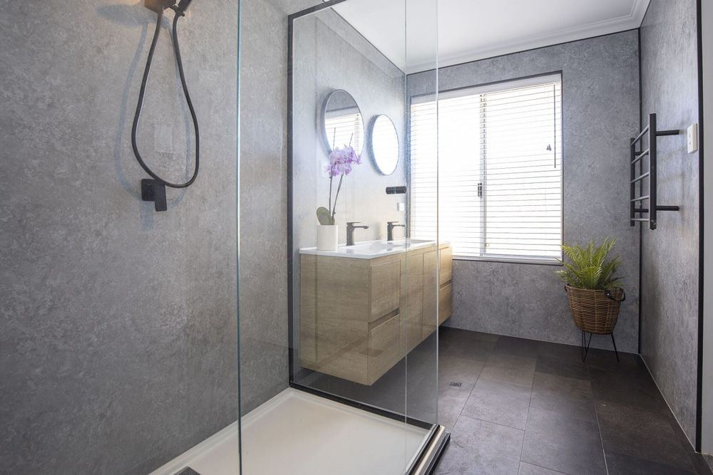 Bathroom With Grey Walls And Two Vanities — Fixtures & Fittings In Tweed Heads South, NSW