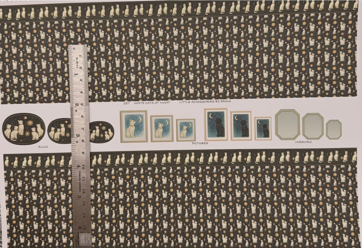 Wallpaper /fabric set CATS white at night. 1/48 scale