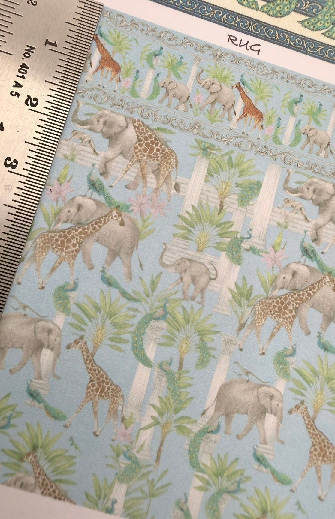Wallpaper/fabric. Set elephants giraffe & peacock