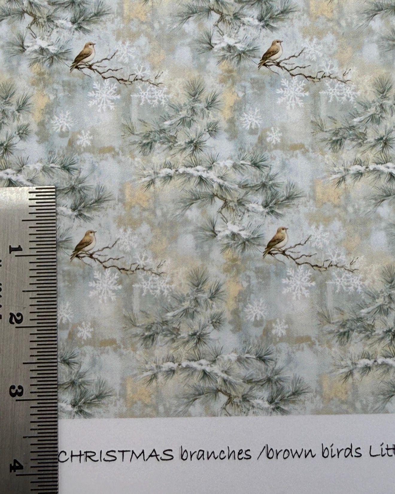 Wallpaper/fabric. Christmas branches/brown birds.