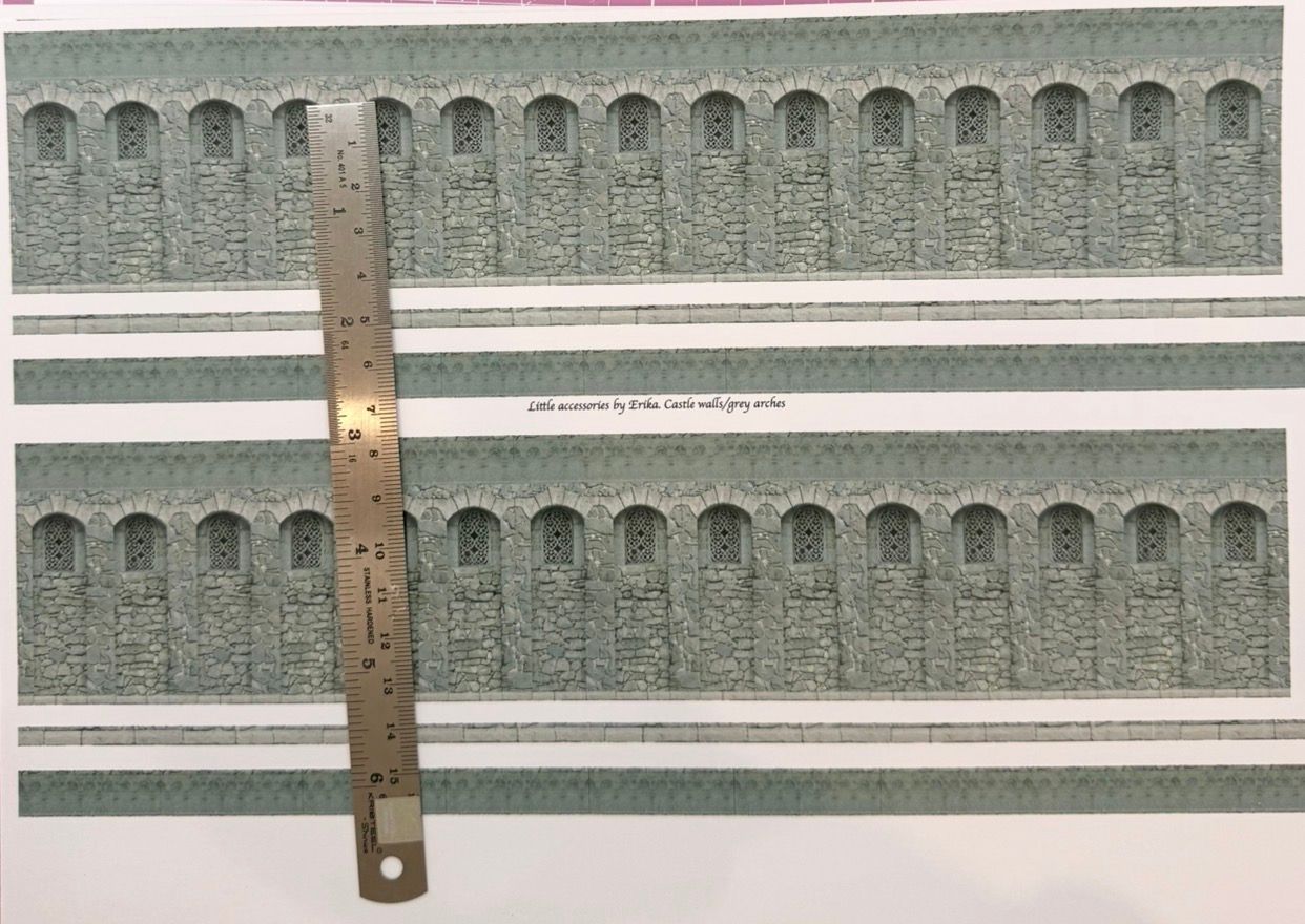 Wallpaper/fabric. Castle walls/grey arches 1/48 scale