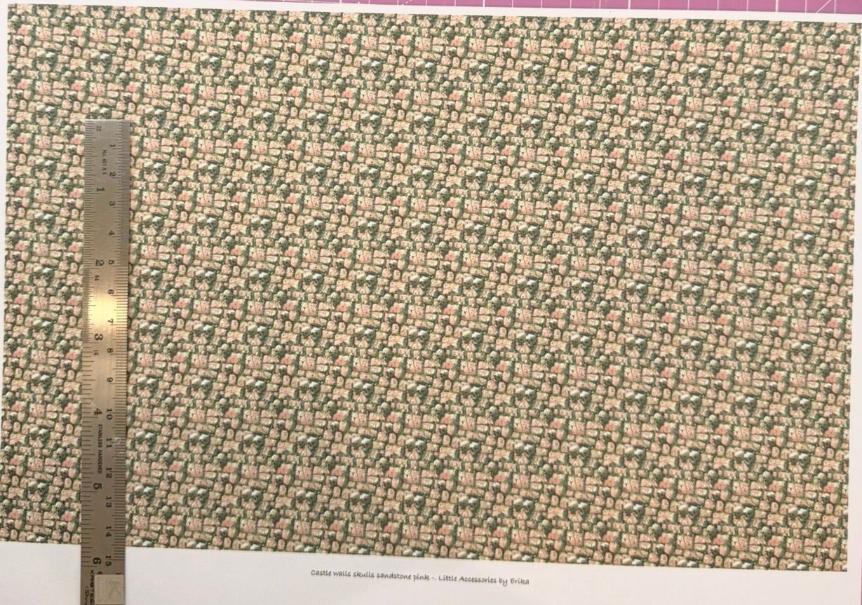 Wallpaper/fabric. Castle walls skulls sandstone pink. 1/48 scale
