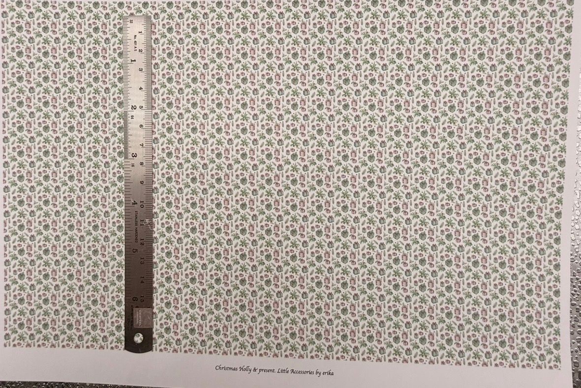 Wallpaper/fabric. Christmas holly & presents. 1/48 scale
