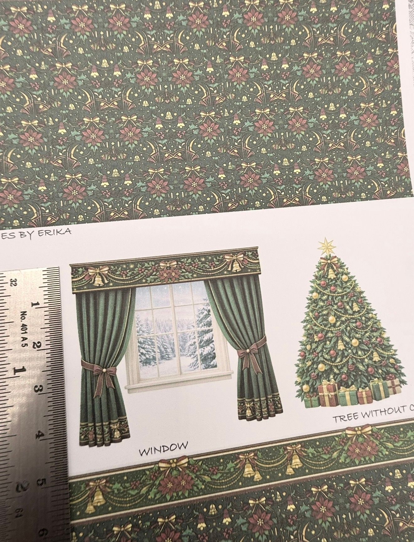 Wallpaper/fabric. SET christmas fireplace & window.  1/48 scale