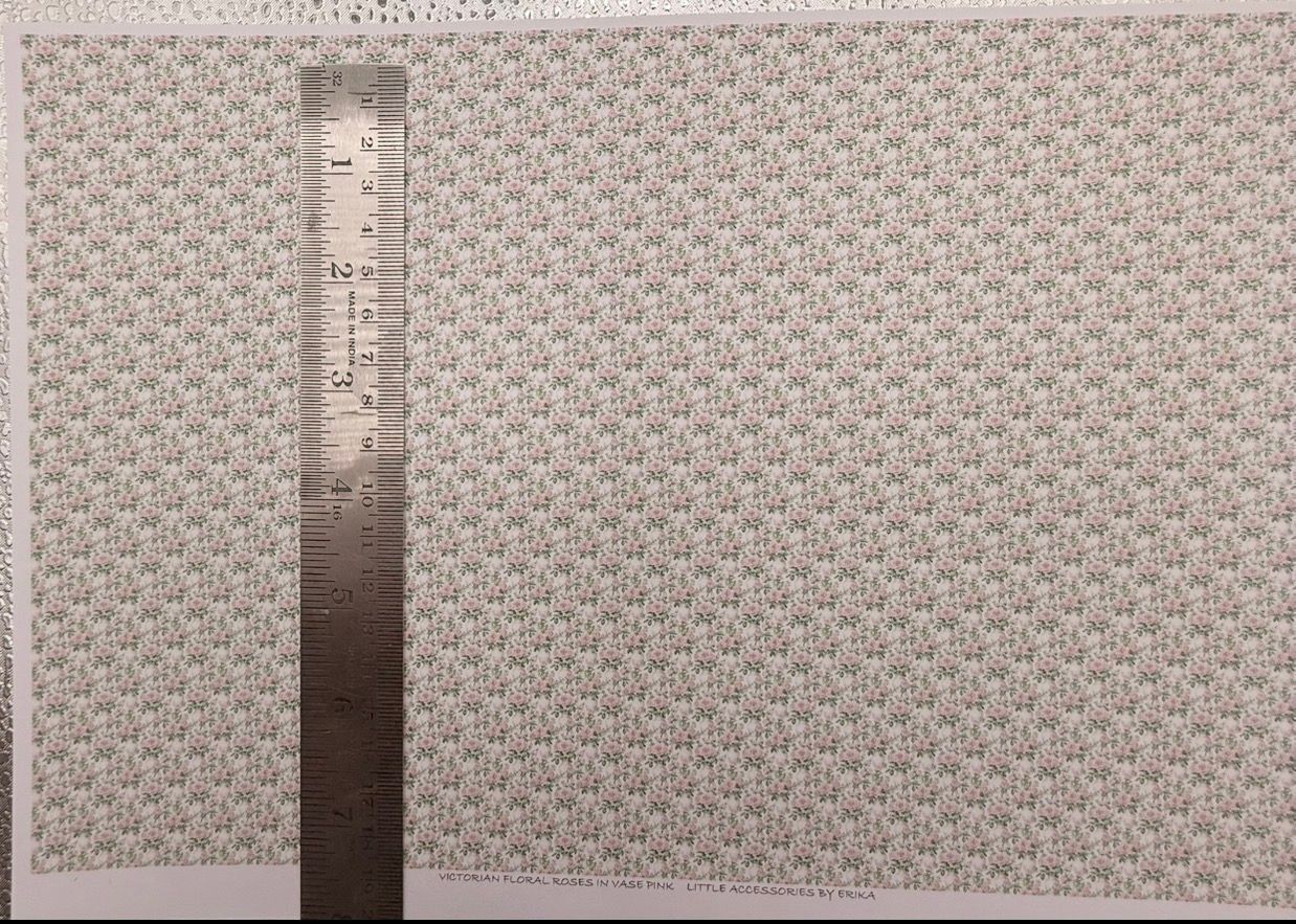 Wallpaper/fabric. Victorian floral  roses in pink vase.1/48 scale