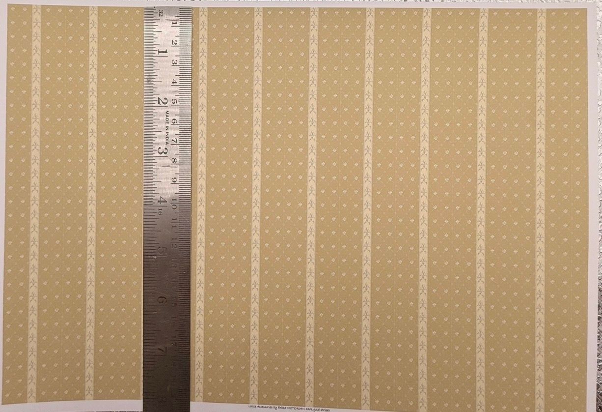 Wallpaper/fabric Victorian dark gold stripes. 1/48 scale
