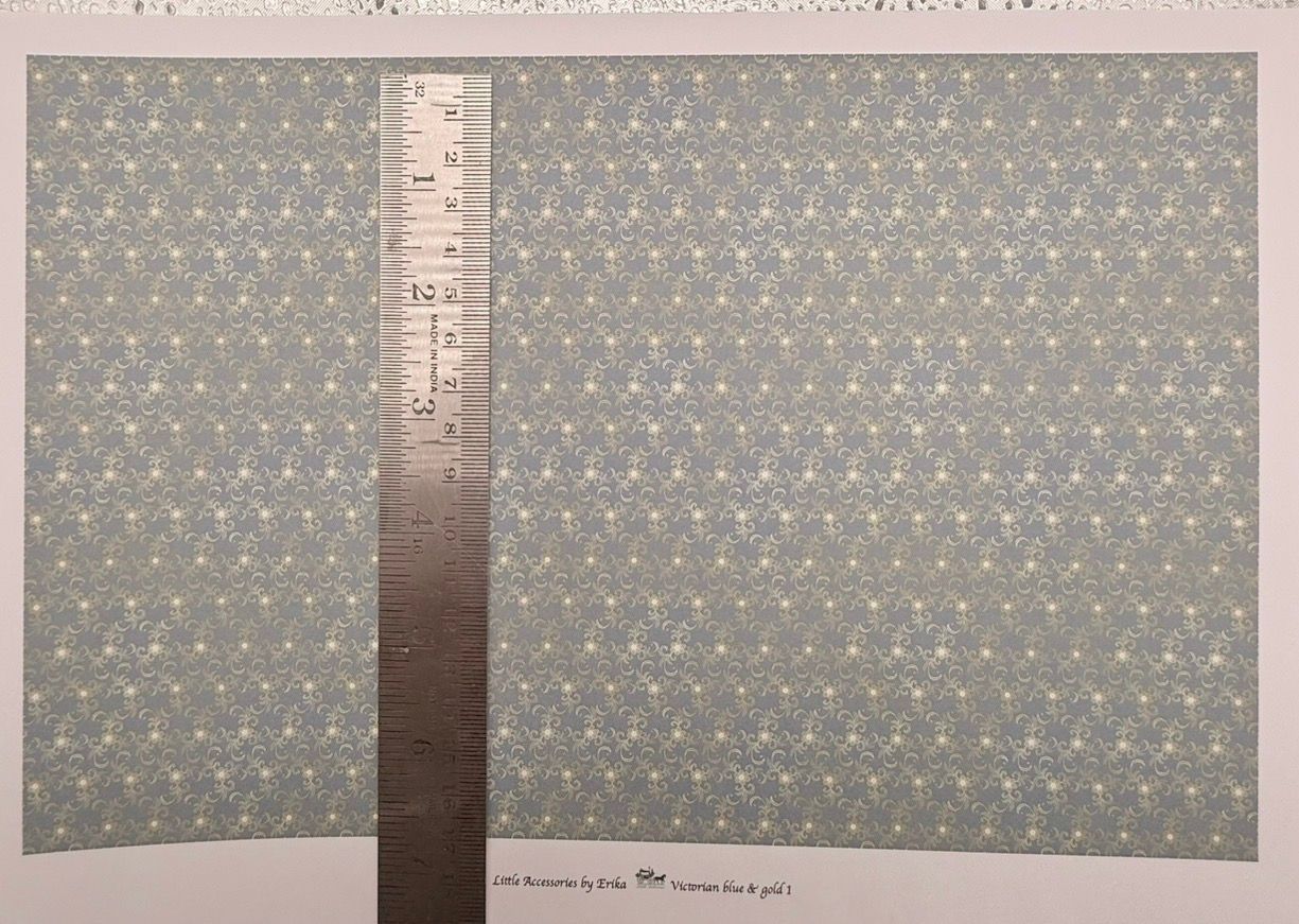 Wallpaper/fabric. Victorian blue & gold 1 - 1/48 scale