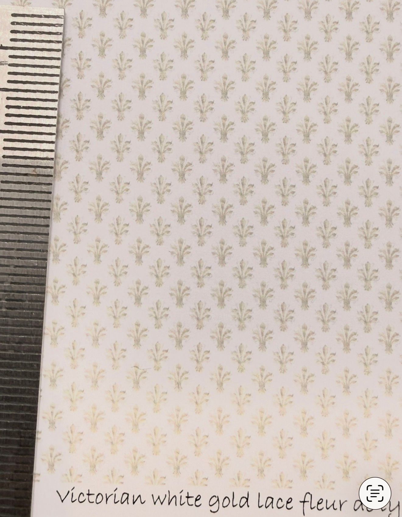 Wallpaper/fabric. Victorian white lace gold fleur de lyse. 1/48 scale
