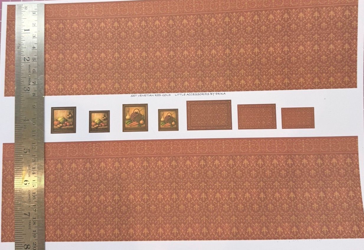 Wallpaper/fabric. SET venetian red & gold. 1/48 scale