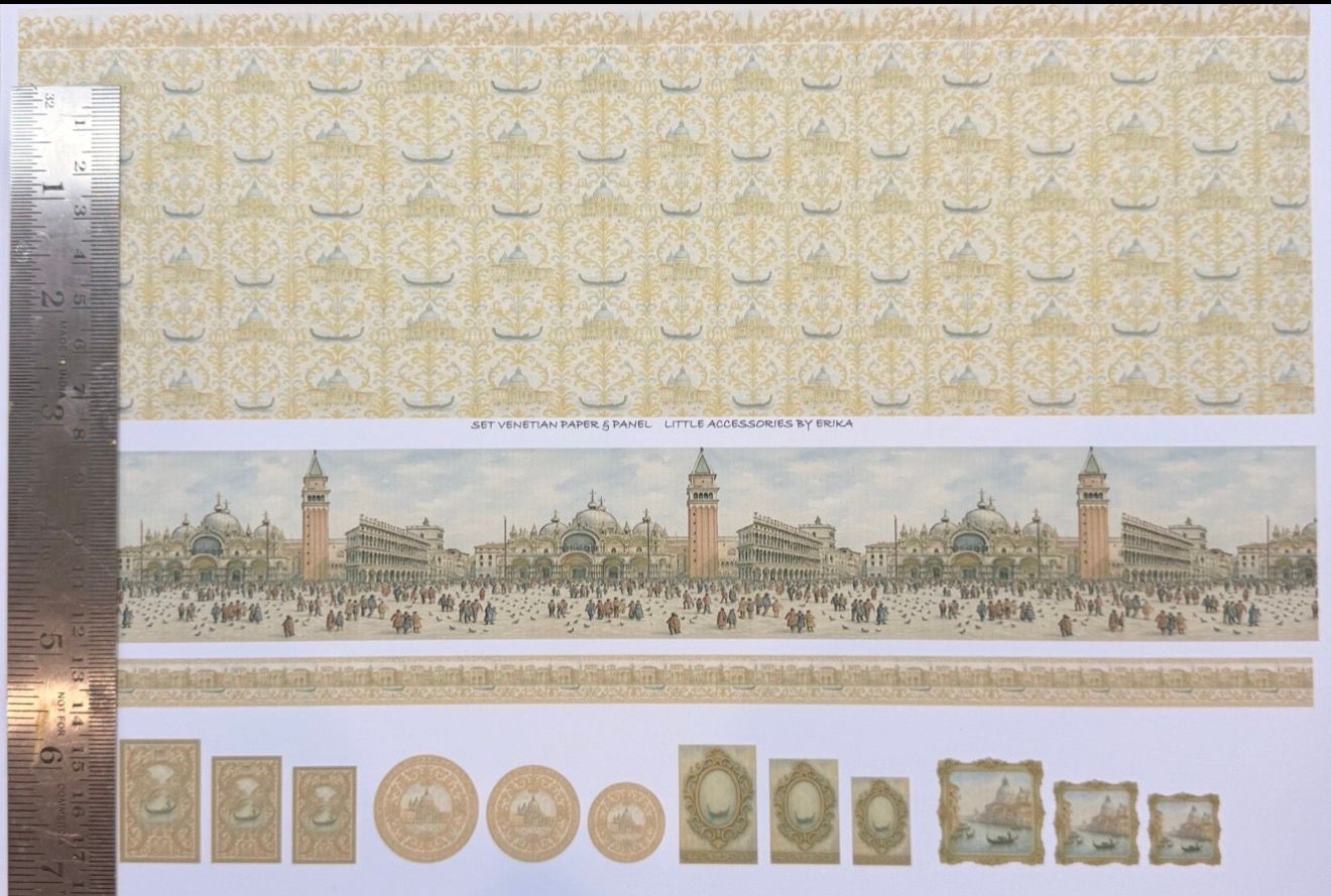 Wallpaper/fabric. SET Venetian golden panel & border. 1/48 scale
