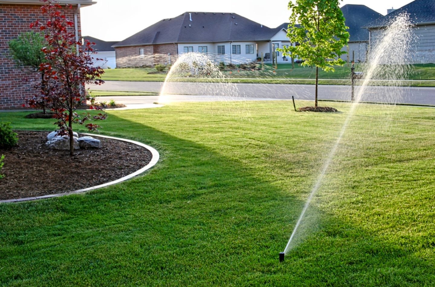 A lawn sprinkler sprays water across a green, manicured yard in a suburban residential neighborhood.