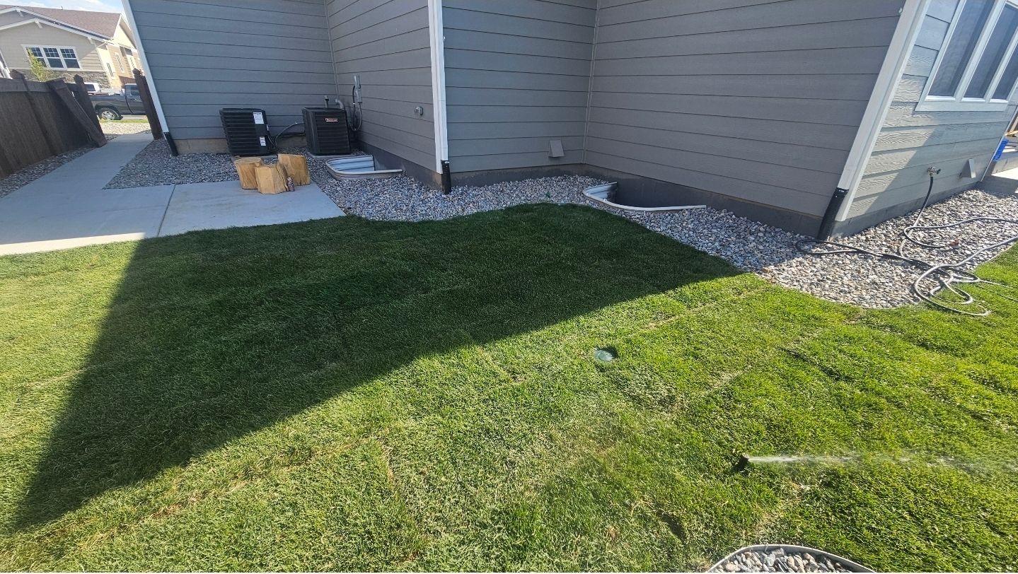 A side yard features a lush green lawn bordered by a grey gravel bed against the exterior wall of a house.