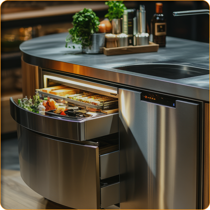A kitchen with a stainless steel refrigerator , sink , and drawers.